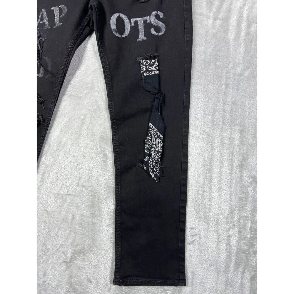 Levi 32x30 Distressed Black Jeans Custom Trap Hip Hop Punk Grunge Reworked Denim